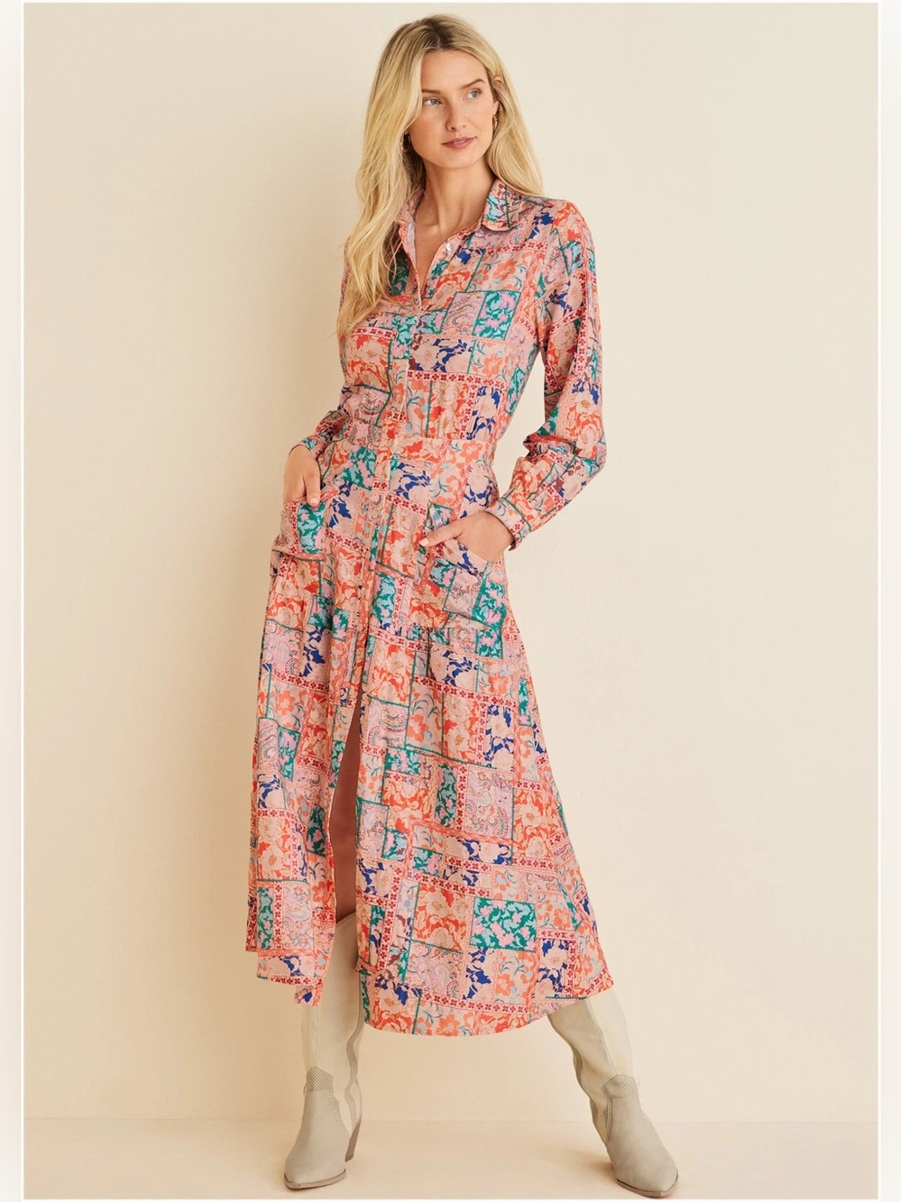 VENUS Linen Pink Patchwork Print Long-Sleeve Maxi Shirt Dress